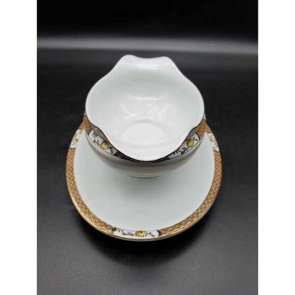 Noritake Gravy Boat Under Plate Japan Geometric Band Florals with Gold 1918 - Picture 3 of 12